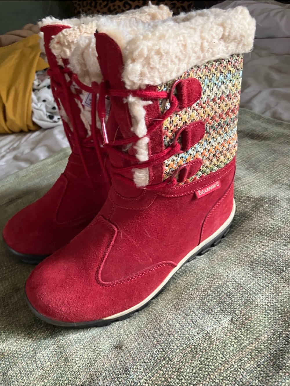 BearPaw Women's Red Suede Lace-Up Faux-Fur Winter Boots